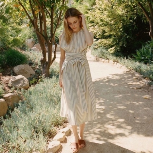 Doen Striped Wrap Cream and blue Midi Dress - Picture 2 of 12